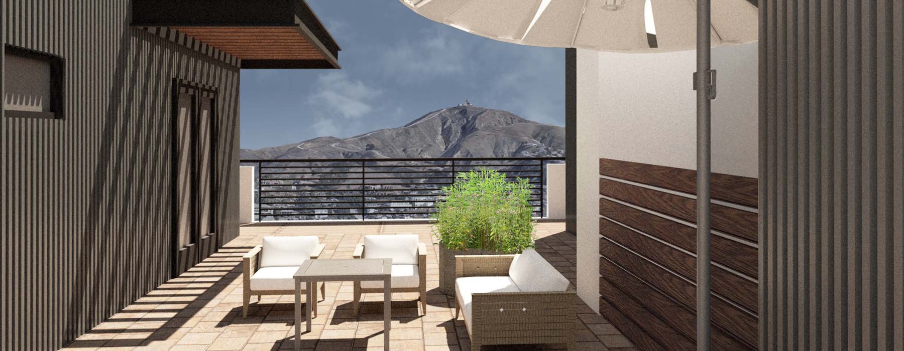 rendering of an outdoor rooftop with mountain views
