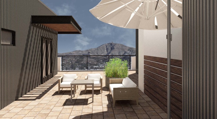 rendering of sundeck showing views of mountains and including custom landscaping